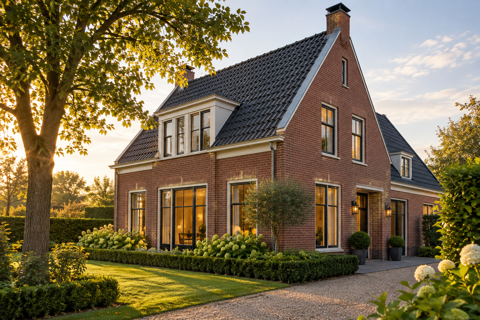 Een Nederlandse bakstenen woning met een groene tuin